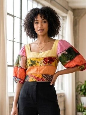 FARM Rio Multicolor Patchwork Puff-Sleeve Crop Top